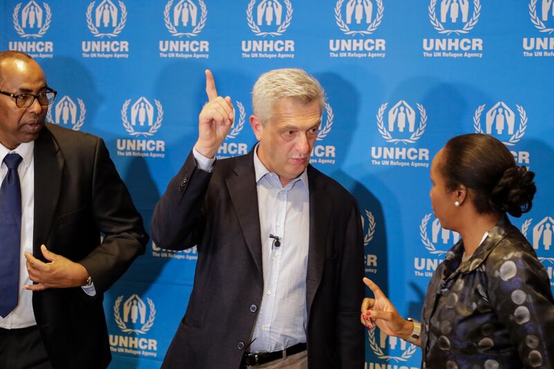 UN refugee chief Filippo Grandi, centre, speaks with Clementine Nkweta-Salami, right, UNHCR regional bureau director for the East, Horn and Great Lakes regions of Africa. AP Photo