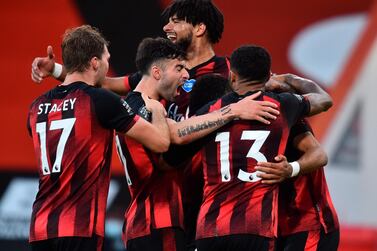 Bournemouth's Dominic Solanke (R) celebrates with teammmates after scoring for a 4-1 lead against Leicester. EPA