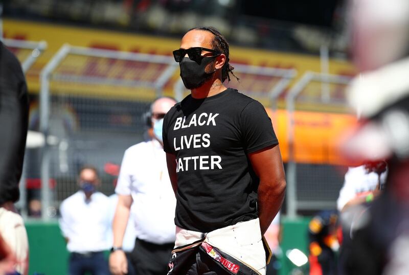 Lewis Hamilton wears a Black Lives Matter t-shirt ahead of the Austrian Grand Prix. Reuters