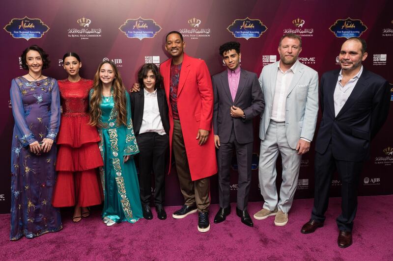 AMMAN, JORDAN - MAY 13: HRH Princess Rym Ali, Naomi Scott, HRH Princess Jalila, HRH Prince Abdullah, Will Smith, Mena Massoud, Director Guy Ritchie and HRH Prince Ali bin Hussein attend the VIP Screening of "Aladdin", as part of the "Aladdin" Magic Carpet World Tour on May 13, 2019 in Amman, Jordan. (Photo by Ian Gavan/Getty Images for Disney)