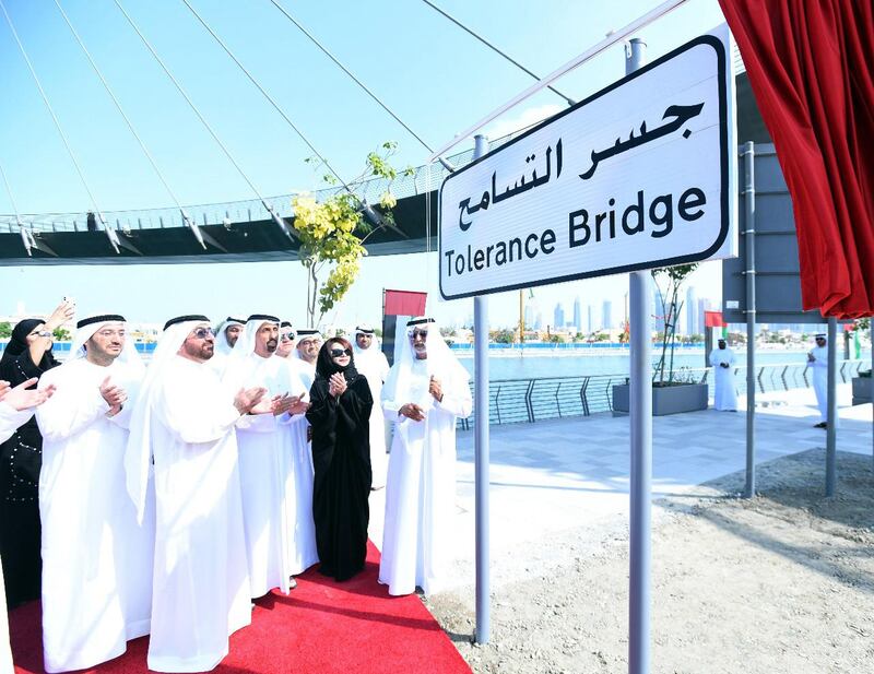 Nahyan bin Mubarak unveils plaque naming bridge arching over Dubai Water Canal as "Tolerance Bridge". WAM