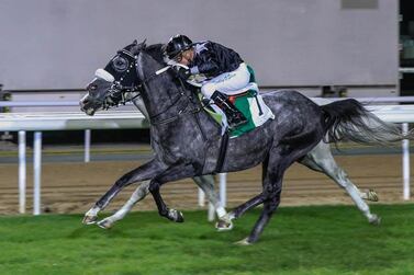 Tadhg O’Shea on-board AF Majalis battles it out to the line with Fabrice Veron atop Jinjal at the Abu Dhabi Equestrian Club on Sunday. Courtesy Cedric Lane / ERA