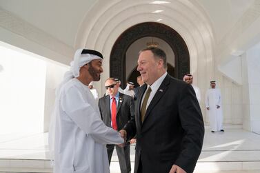 epa07853799 A handout photo made available by Ministry of Presidential Affairs shows Sheikh Mohamed bin Zayed Al Nahyan (L), Crown Prince of Abu Dhabi and Deputy Supreme Commander of the UAE Armed Forces, meeting with US Secretary of State Mike Pompeo (R), at the Sea Palace in Abu Dhabi, UAE, 19 September 2019. Pompeo arrived in the UAE following a visit to neighboring Saudi Arabia to discuss the recent attacks on two Saudi oil facilities. EPA/MOHAMED AL HAMMADI HANDOUT HANDOUT EDITORIAL USE ONLY/NO SALES