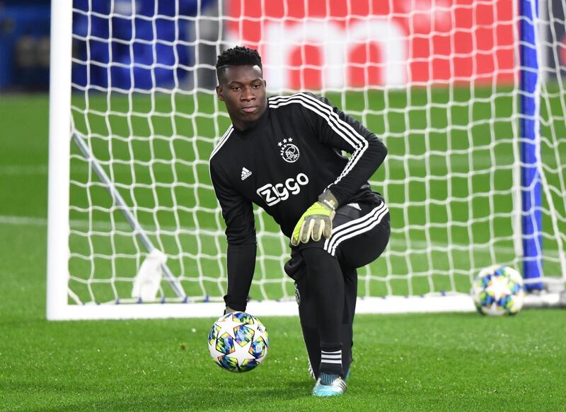 Ajax's goalkeeper Andre Onana attends a training session at Stamford Bridge. EPA
