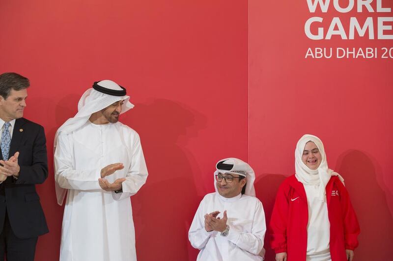 Sheikh Mohamed bin Zayed Al Nahyan applauds during an MOU signing ceremony pertaining to hosting the Special Olympics World Games Abu Dhabi 2019. Mohamed Al Hammadi / Crown Prince Court - Abu Dhabi