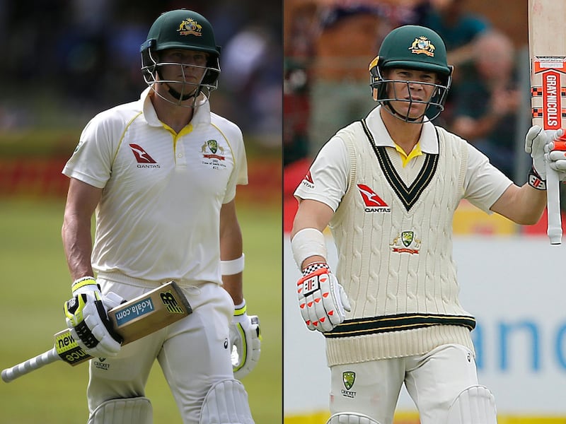 (COMBO) This combination of pictures created on March 28, 2018 shows
Australia batsman and captain Steve Smith (L) leaving the ground after having been dismissed by South Africa bowler Kagiso Rabada and Australia batsman David Warner raising his bat to celebrate scoring a half century (50 Runs) during day one of the second Sunfoil Test between South Africa and Australia at St George's Park in Port Elizabeth.
Cricket Australia confirmed one year bans for Steve Smith and David Warner on March 28, 2018, following revelations concerning ball-tampering. / AFP PHOTO / MARCO LONGARI