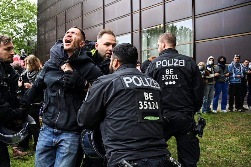 Police break up a pro-Palestinian student camp at Berlin's Free University, in Germany. Reuters