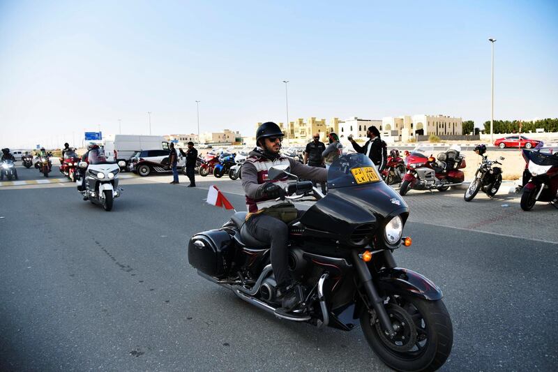 Izwa bikers group arrive to attend the 48th National Rally "Love Zayed" at the Harley Davidson showroom in Sharjah, UAE, Friday, Nov. 29, 2019. Shruti Jain The National