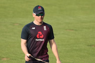 PUNE, INDIA - MARCH 25: Eoin Morgan of England is seen with tape on his injured hand during a England Net Session at Maharashtra Cricket Association Stadium on March 25, 2021 in Pune, India. (Photo by Surjeet Yadav/Getty Images)