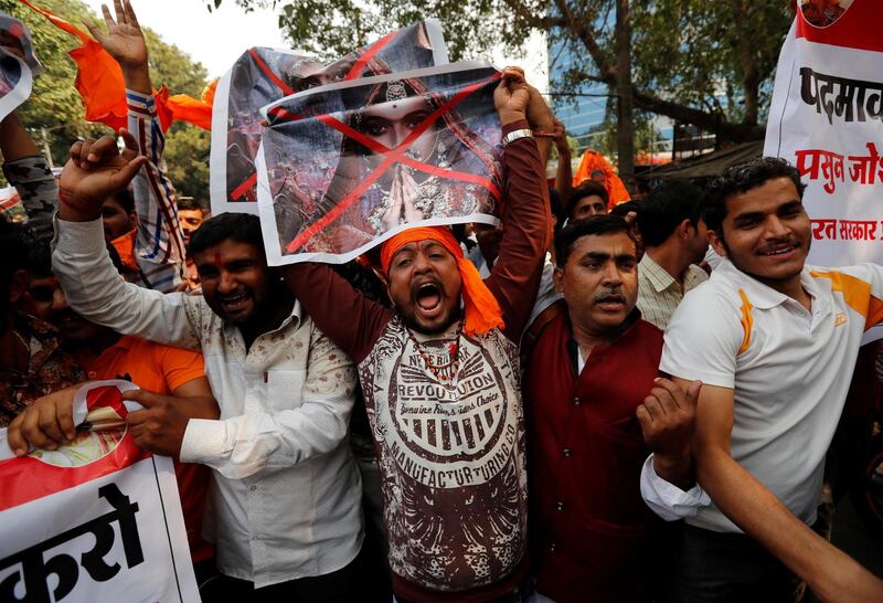 Members of the Rajput community protest against the release of the upcoming Bollywood movie 'Padmavat' in Mumbai, India, January 12, 2018. REUTERS/Danish Siddiqui