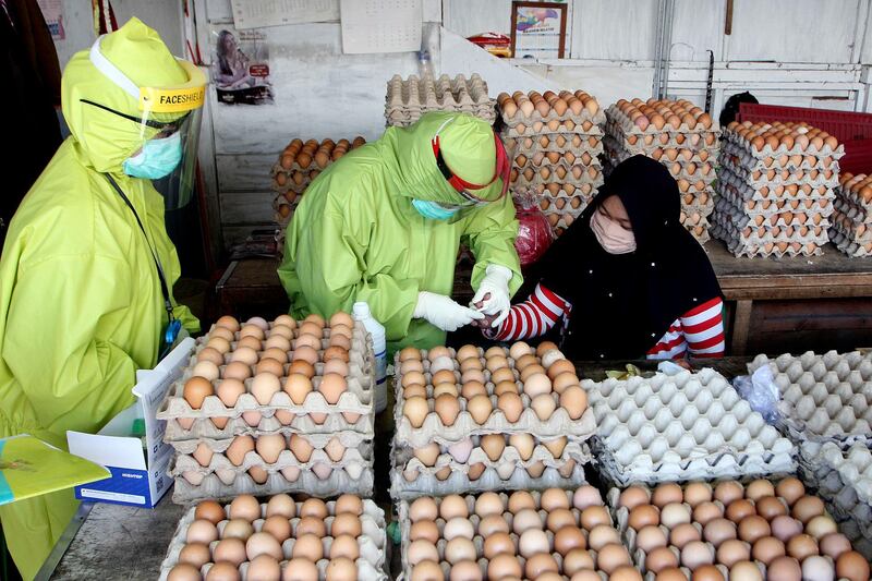 Health workers collect a blood sample from an egg vendor in Makassar, South Sulawesi, Indonesia. AP Photo