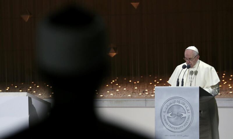 Pope Francis speaks during an inter-religious meeting at the Founder's Memorial in Abu Dhabi, United Arab Emirates, February 4, 2019. REUTERS/Tony Gentile