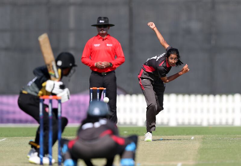 UAE's Khushi Sharma bowls at the ICC Academy.