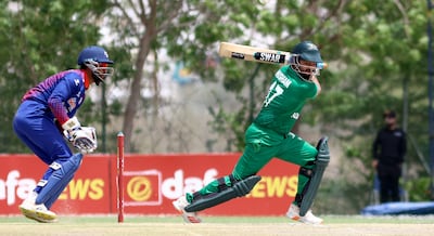 Hisham Shaikh of Saudi Arabia in the ACC Men's Premier Cup 2024 Group A match between Nepal and Saudi Arabia in Oman Cricket Stadium in Al Amerat, Muscat, Oman on 17th April 2024. Photo By: Subas Humagain for The National
