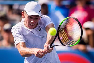 epa06929896 Alex De Minaur, of Australia, in action against Alexander Zverev, of Germany, during their finals match at the Citi Open tennis tournament at the Fitzgerald Tennis Center in Washington, DC, USA, 05 August 2018.  Zverev, for the second year in a row, won the men's singles title 6-2, 6-4.  EPA/PETE MAROVICH