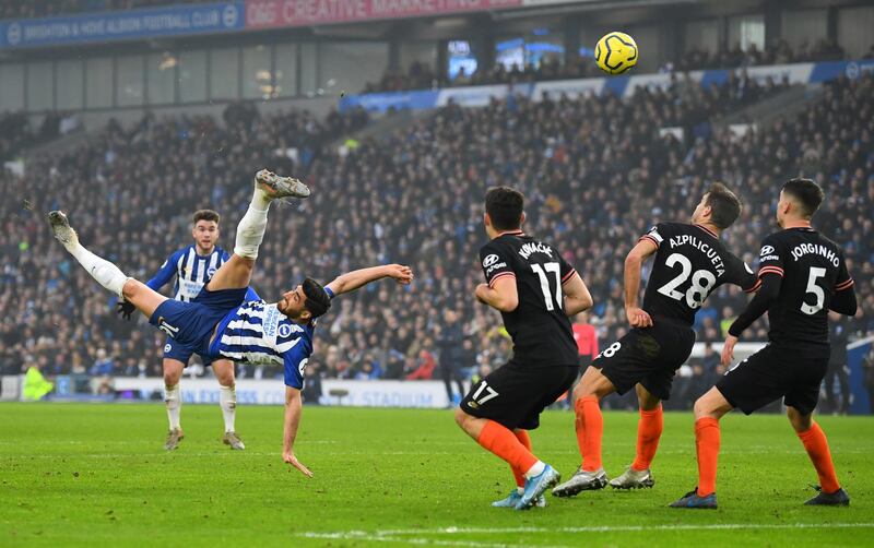 Soccer Football - Premier League - Brighton & Hove Albion v Chelsea - The American Express Community Stadium, Brighton, Britain - January 1, 2020  Brighton & Hove Albion's Alireza Jahanbakhsh scores their first goal   REUTERS/Dylan Martinez  EDITORIAL USE ONLY. No use with unauthorized audio, video, data, fixture lists, club/league logos or "live" services. Online in-match use limited to 75 images, no video emulation. No use in betting, games or single club/league/player publications.  Please contact your account representative for further details.     TPX IMAGES OF THE DAY