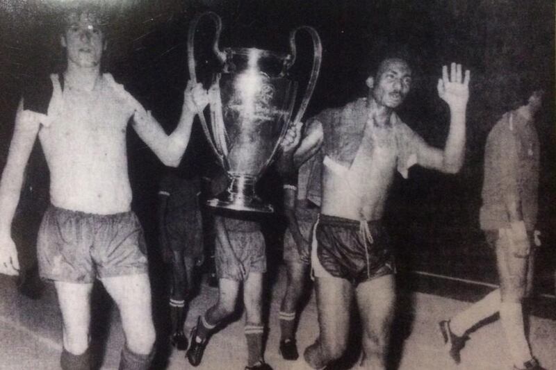 Dr Mohamed Kassala holding the European Cup with Phil Thompson of Liverpool. Liverpool were in the UAE to play a friendly match against Al Nasr at Al Maktoum Stadium, on May 26 1978. Photo Courtesy Dr Mohamed Kassala's Private Collection