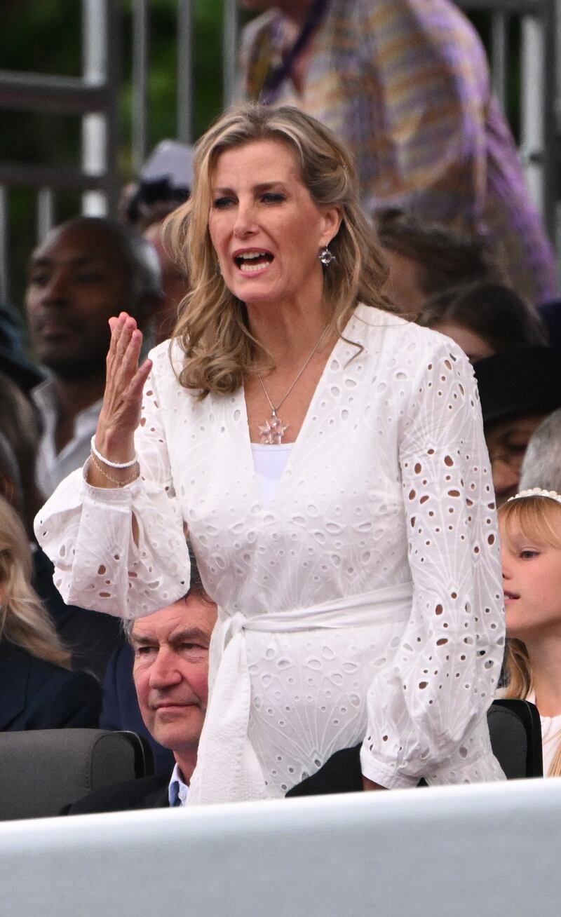 Sophie, Countess of Wessex, wearing a white Zara midi dress with cutwork embroidery to attend the platinum jubilee concert. Getty Images 