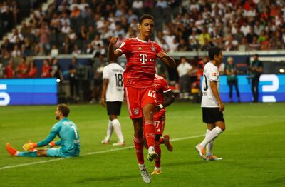 Bayern Munich's Jamal Musiala celebrates scoring their sixth goal. Reuters