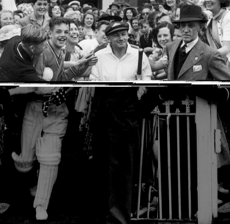 MELBOURNE, AUSTRALIA:  (EUROPE AND AUSTRALASIA OUT) Retired Australian captain Don Bradman makes his way onto the MCG in 1948 for his testimonial match in Melbourne, Australia. (Photo by Newspix/Getty Images)