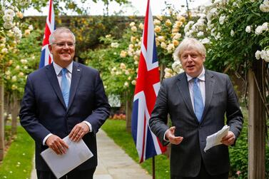 Boris Johnson and Scott Morrison announce they have agreed the broad terms of a free trade agreement. EPA