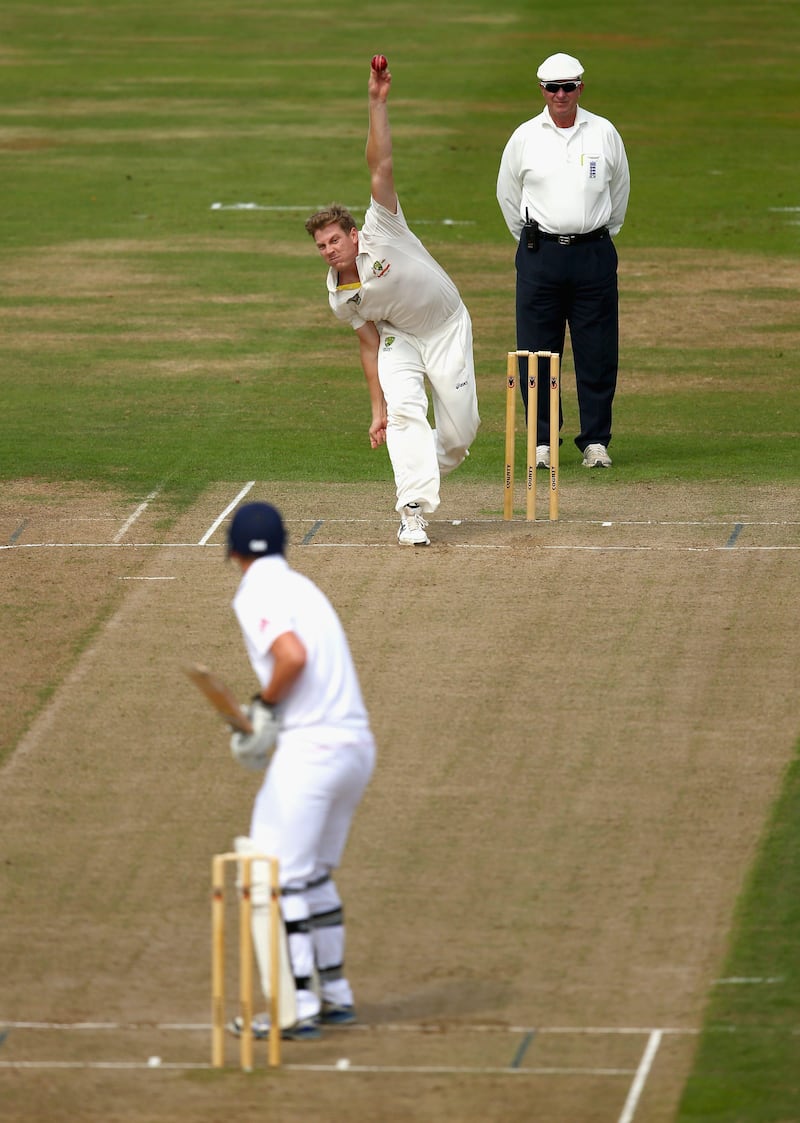 NORTHAMPTON, ENGLAND - AUGUST 16:  James Faulkner of Australia bowls during Day One of the Tour Match between England Lions and Australia at The County Ground on August 16, 2013 in Northampton, England.  (Photo by Ryan Pierse/Getty Images) *** Local Caption ***  176616743.jpg