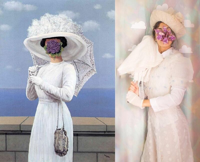 Using her mother's old wedding dress, Twitter user @tht_noe recreates Rene Magritte's 'The Great War'. Via @tht_noe / Twitter