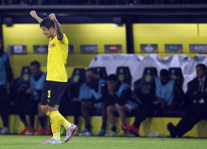 Borussia Dortmund's Park Joo-ho reacts after scoring a goal against FC Krasnodar during their Europa League match on Thursday night. Ina Fassbender / Reuters / September 17, 2015  