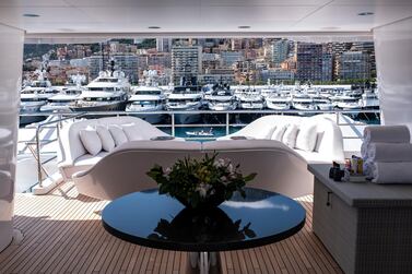 Furniture sits on the stern deck of luxury superyacht Secret, manufactured by Abeking & Rasmussen, during last month's Monaco Yacht Show. Bloomberg