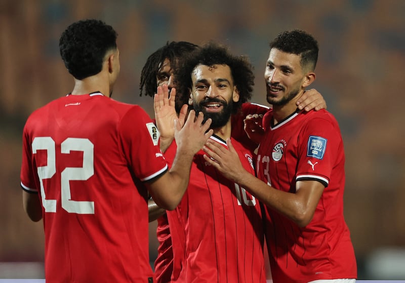 Soccer Football - World Cup - CAF Qualifiers - Group A - Egypt v Djibouti - Cairo International Stadium, Cairo, Egypt - November 16, 2023  Egypt's Mohamed Salah celebrates scoring their fourth goal with teammates REUTERS / Amr Abdallah Dalsh