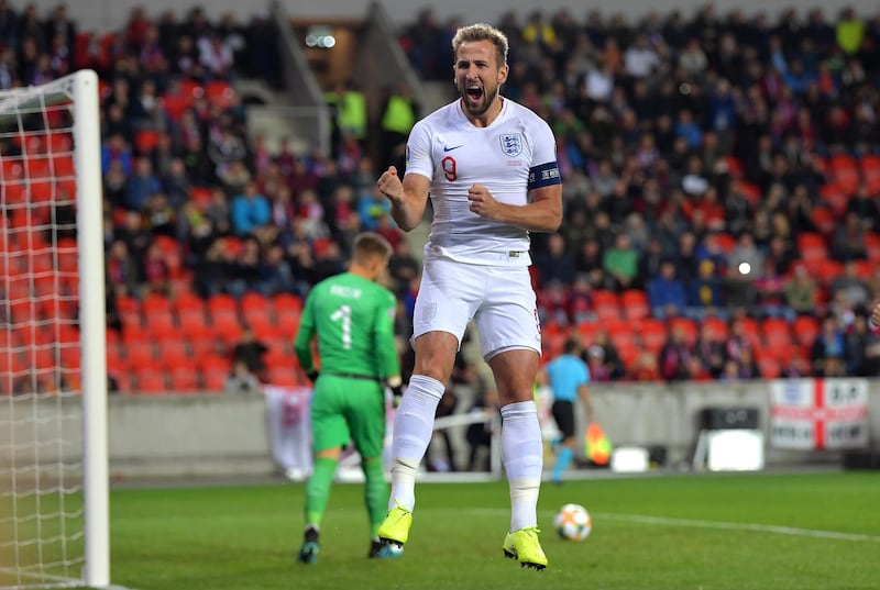 PRAGUE, CZECH REPUBLIC - OCTOBER 11:  Harry Kane of England celebrates scoring the first goal during the UEFA Euro 2020 qualifier between Czech Republic and England at Sinobo Stadium on October 11, 2019 in Prague, Czech Republic. (Photo by Justin Setterfield/Getty Images)