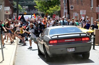 A car plows into a group of protesters demonstrating against a white nationalist rally in Charlottesville, Virginia, in August 2017. AP