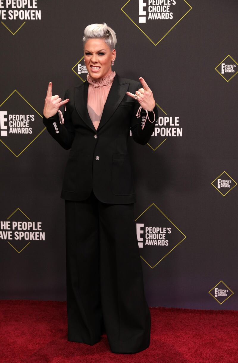 Pink in Giorgio Armani at the 2019 People's Choice Awards in Santa Monica, California, on Sunday, November 10, 2019. Reuters