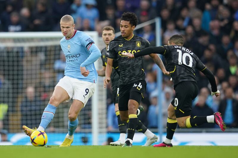 Erling Haaland on the ball for City. AP