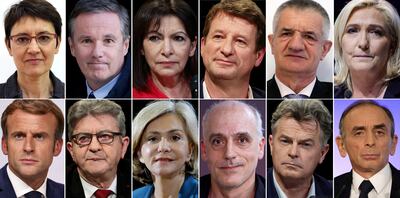 The candidates for the 2022 French presidential election. First row, left to right: Nathalie Arthaud, Nicolas Dupont-Aignan, Yannick Jadot, Jean Lassalle, Marine Le Pen. Second row, left to right: French President Emmanuel Macron, Jean-Luc Melenchon, Valerie Pecresse, Philippe Poutou, Fabien Roussel and Eric Zemmour, after the official announcement in Paris, France.  Reuters
