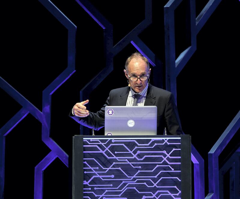 Sharjah, March 28, 2018: Timothy John Berners-Lee, Creator, World Wide Web gestures during his speech on 'Future of Open Data' at the International  Government Communication Forum 2018  at the Expo Centre in Sharjah. Satish Kumar for the National/ Story by Nick Webster