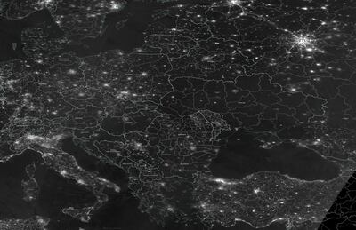 A greyscale satellite image indicating the night radiance of Europe from space on November 23. Nasa / Reuters