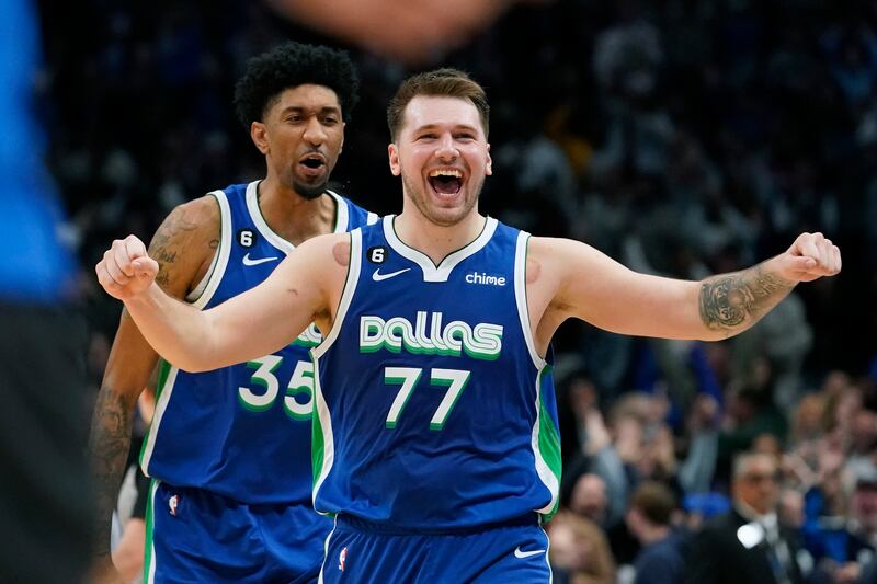 Luka Doncic celebrates scoring the game-tying basket for the Dallas Mavericks against the New York Knicks. AP