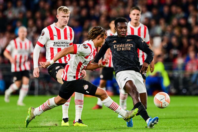 Xavi Simons of PSV in action against Eddie Nketiah. EPA