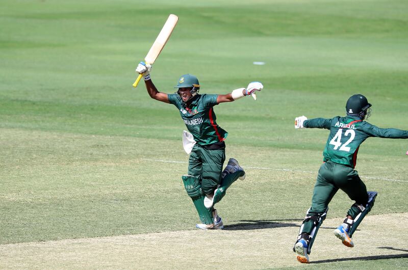 Bangladesh's Ashiqur Rahman Shibli, left, celebrates his century during his side's 195-run victory against the UAE in the final of the Under-19 Asia Cup at Dubai International Stadium. All photos: Chris Whiteoak / The National