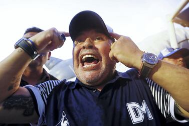 LA PLATA, ARGENTINA - FEBRUARY 29: Diego Maradona head coach of Gimnasia y Esgrima La Plata celebrates after winning a match between Gimnasia y Esgrima La Plata and Atletico Tucuman as part of Superliga 2019/20 at Estadio Juan Carlos Zerillo on February 29, 2020 in La Plata, Argentina. (Photo by Marcos Brindicci/Getty Images)