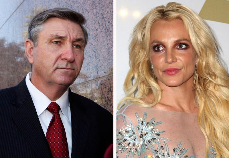 This combination photo shows Jamie Spears, left, father of Britney Spears, as he leaves the Stanley Mosk Courthouse on Oct. 24, 2012, in Los Angeles and Britney Spears at the Clive Davis and The Recording Academy Pre-Grammy Gala on Feb. 11, 2017, in Beverly Hills, Calif.. Britney Spears is asking a court to curb her father's control over her life and career. In documents filed Tuesday, Aug. 18, 2020, Spears asked that her father not return to the role of conservator of her person, which gave him power over her life decisions from 2008 until 2019, when he temporarily stepped aside.  (AP Photo)