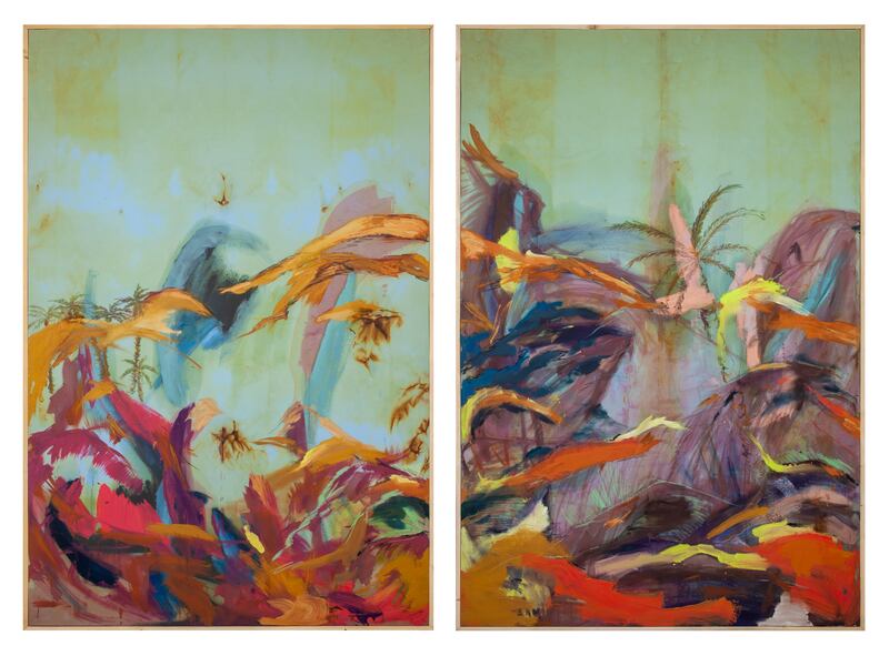 Hashel Al Lamki lets go in these expressive paintings. 'The Day We Met Thomas (Diptych)' (2021). Photo: MEI Art Gallery
