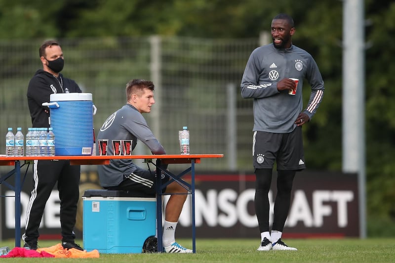 Toni Kroos and Antonio Ruediger look on during a training session at ADM-Sportpark ahead of Germany's Uefa Nations League group stage match against Spain. Getty Images