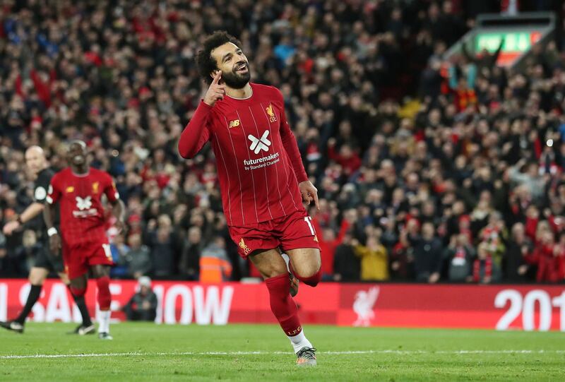 Mandatory Credit: Photo by Jon Super/AP/Shutterstock (10457691bb)
Liverpool's Mohamed Salah celebrates after scoring his side's second goal during the English Premier League soccer match between Liverpool and Tottenham Hotspur at Anfield stadium in Liverpool, England
Britain Soccer Premier League, Liverpool - 27 Oct 2019