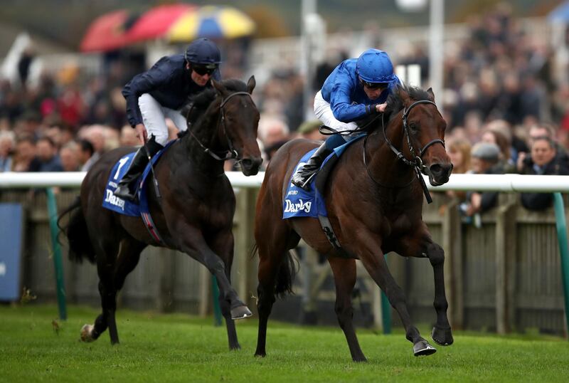 File photo dated 12-10-2019 of Pinatubo ridden by William Buick (right) wins The Darley Dewhurst Stakes during day two of the Dubai Future Champions Festival at Newmarket Racecourse. PA Photo. Issue date: Sunday May 31, 2020. Pinatubo just one to watch in high-profile first week back for racing. See PA Story RACING Resumption Horses. Photo credit should read: Tim Goode/PA Wire