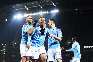 MANCHESTER, ENGLAND - JANUARY 01: Gabriel Jesus of Manchester City celebrates with his team after he scores his sides first goal during the Premier League match between Manchester City and Everton FC at Etihad Stadium on January 01, 2020 in Manchester, United Kingdom. (Photo by Michael Regan/Getty Images)