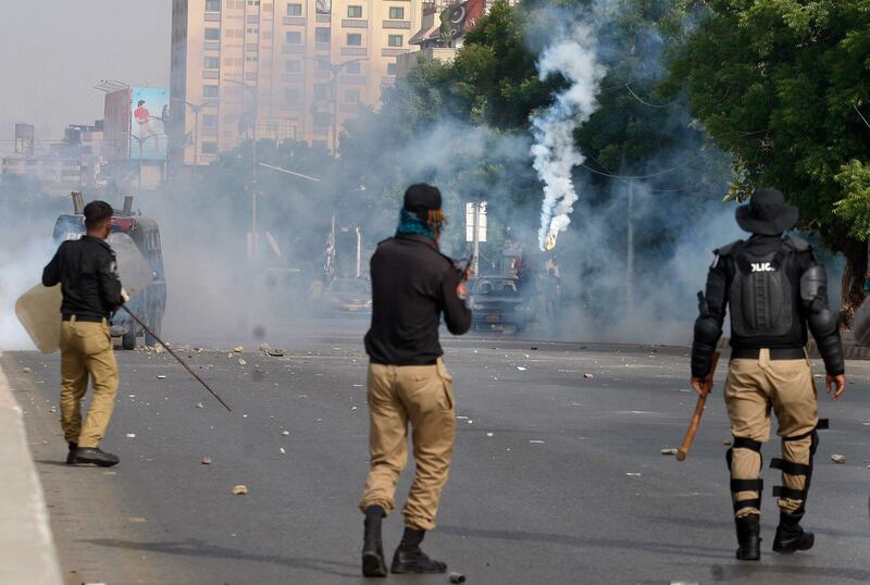 Mr Khan led thousands of supporters towards the capital Islamabad in a show of force that the new government has attempted to shut down, with clashes breaking out between police and protesters. AP