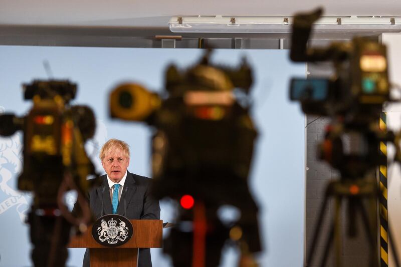 British Prime Minister Boris Johnson delivers a speech today at Exeter College Construction Centre. Reuters