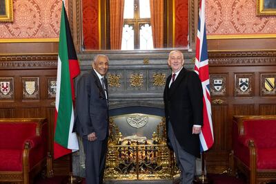 The Speaker of Britain's House of Commons, Sir Lindsay Hoyle, during his first face-to-face diplomatic meeting since the pandemic began, with the longest-serving ambassador to the UK, Khaled Al Duwaisan. Photo: UK Parliament